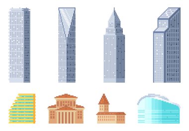 Piksel sanatı izole bina vektörü seti. Oyun ikonları için pikselli evler, yüksek katlı ofis binaları. Şehir merkezinde gökdelenleri, spor salonları ve hükümet binaları olan yerler.