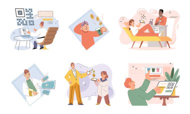 Nakitsiz ödeme. Vektör çizimi. Mobil cüzdanlar ilave kolaylık için çoklu ödeme yöntemleri cstore Online ve mobil ödeme seçenekleri 24 7, her zaman işlemler için izin