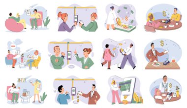 Nakitsiz ödeme. Vektör çizimi. Güvenli işlemler için kablosuz ödeme sistemleri yetkisiz erişimi önlemek için temassız ödeme kartları gömülü NFC çipi ile donatılmıştır