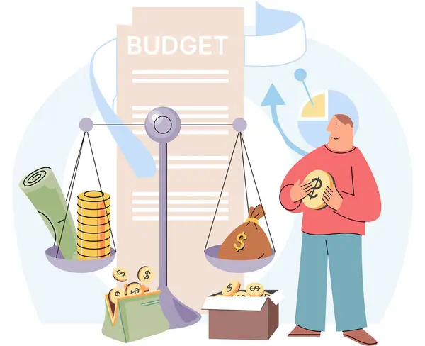 Budgetplanering Finansredovisning Beräkna Finansiella Intäkter Och Kostnader Skattebetalaren Räknar Pengar — Stock vektor