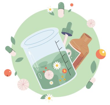 Bitkisel hap posteri. Alternatif tıp. Homeopatik tedavi ve fizyoterapi, bitki, çiçek ve bitkilerden yapılan tıbbi malzemelerle yapılan naturopati konsepti. Yeşil yapraklı büyük bir ilaç şişesi.