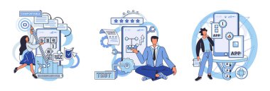 Uygulama testi metaforu. Vektör çizimi. Yazılım testi, sistem uygulama testine girmesini engelleyen filtre, kullanıcı dostu yazılım sağlanması için kontrol noktası