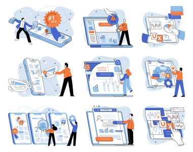 Uygulama testi metaforu. Vektör çizimi. Uygulama testi, kodlama hatalarının ortaya çıkarılıp düzeltildiği, uygulamaların işlevsellik testi için sandbox uygulamaları doğrulamak için
