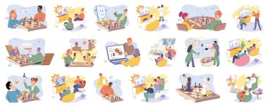 Birlikte oynayın. Aile eğlencesi. Arkadaşlık zamanı. Vektör çizimi. Aile oyun geceleri günlük sorumluluklardan uzak durmayı ve kaliteli zaman geçirmeyi sağlar. Masa oyunları sağlıklı iletişimi teşvik eder.