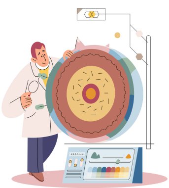 Bilimadamı toprağın bileşimini inceliyor. Yer analizi ve toprak kirliliği. Jeolog yer katmanları ve büyüyen bitkilerin minerallerinin bileşimini araştırıyor. Tarım ve doğal kaynak kavramı