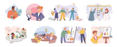 Nakitsiz ödeme. Vektör çizimi. Erişim denetimi veya biletsiz aktarımlar gibi diğer uygulamalar için kullanılacak NFC etkinleştirilmiş aygıtlar calso takip edilebilir olup, giderlerin izlenmesinde yardımcı olur
