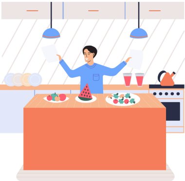 İnsanlar vejetaryen yemeği pişiriyor. Vektör çizimi. Taze sebzeler, organik yiyecekler, doğal ürünler. Gülümseyen adam küçük, rahat bir mutfakta ev yapımı yemekler pişiriyor. Babam büyük ocakta yemek hazırlıyor.