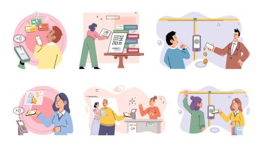 Nakitsiz ödeme. Vektör çizimi. Çevrimiçi ödeme platformları genellikle alıcı koruması ve anlaşmazlık çözme mekanizmaları sunar Dokunulmaz ödeme sistemleri kullanıcı dostu ve sezgisel olmak üzere tasarlanmıştır