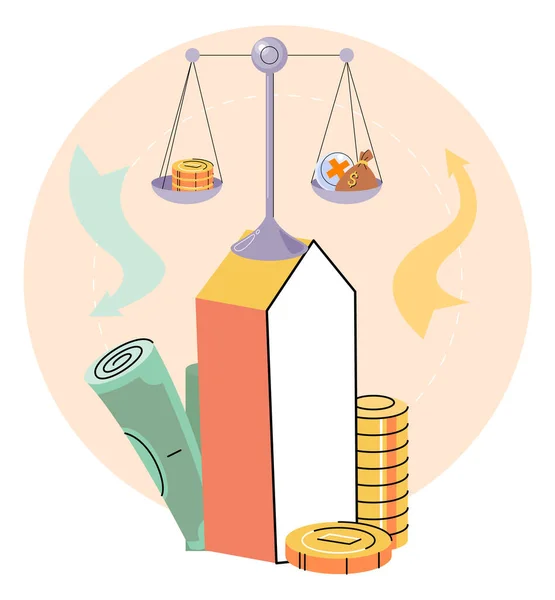 平衡规模与货币概念 现金市场的均衡 对货币的需求等于货币供应量 银行利率稳定 政府对经济的影响 平等的收入和支出 — 图库矢量图片