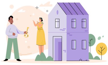 İnsanlar yeni evlerinden daire satın alıyorlar. Erkek ve kadın emlak ve özel mülk seçiyor. Yatırım ve ticaret, mortage. Aile bütçesi ve birikimleri. Kulübe ve bina, ev satışı veya kira