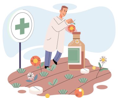 Bitkisel ilaçlar ve homeopati sağlık ve sağlık hizmetleri. Bilimadamı bahçe yatağında yaprak toplayan tıbbi bitkiler yetiştiriyor. Çiçeklerin ve şifalı bitkilerin iyileştirici gücünü kullanarak. Organik tedavi ve aromaterapi