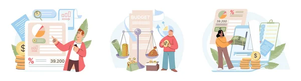 Budżet Analizy Ludzi Obliczanie Planu Finansowego Zarządzania Dochodami Wydatkami Oszczędnościowymi — Wektor stockowy