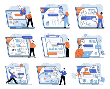 Uygulama testi metaforu. Vektör çizimi. Uygulama testi, her yazılımın Uygulama testini geçmesi gerektiği denetimi, uygulamaları değerlendirmek için dayanıklılık testi, yazılım testi, tarama