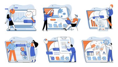 Uygulama testi metaforu. Vektör çizimi. Yazılım testi, kod uygulaması testinin her satırını inceleyen inceleme, yazılımsal performans uygulaması testini ölçmek için ölçek, eğitim kampı