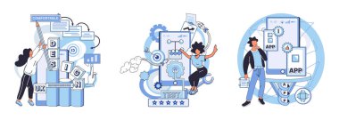 Uygulama testi metaforu. Vektör çizimi. Yazılım testi, hata uygulama testini ortadan kaldıran kod koruyucu, yazılım kullanıcılarıyla tanışmadan önce gerekli ritüel, gerekli.