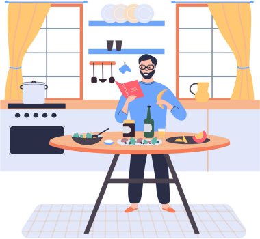 Yemek kitabı okuyan, sebze doğrayan ve kızartma yapan bir adam. Erkek karakter kitaptaki tarifi kullanarak vejetaryen salatası hazırlıyor. Düzgün beslenme ve sağlıklı yaşam tarzı. Vejetaryen yemeği pişirme süreci