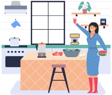 İnsanlar vejetaryen yemeği pişiriyor. Vektör çizimi. Mutfakta ev yapımı yemekler pişiren tatlı bir kız. Beslenme yemekleri pişirmek. Salata malzemelerini tarifine göre kesen kadın. Salata hazırlayan kadın