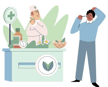 Homeopatik eczanenin müşterisi eczacı organik doğal haplar hazırladı. Homeopati, bitkisel alternatif tıp, eczane, gıda takviyesi. Bitki ve çiçekler iyileştirici özellikler, sağlık tedavisi