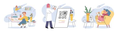 İnsanlar ve çocuklar ders çalışmak için akıllı telefonları, QR kodlu cep telefonlarını kullanıyorlar. Modern akıllı aygıtlarla internette yazışan ve sörf yapan çocuklar, eğlence veya çevrimiçi eğitim kavramı için hızlı kod kullanırlar.
