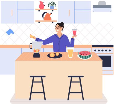 İnsanlar vejetaryen yemeği pişiriyor. Vektör çizimi. Sağlıklı organik vejetaryen yemeği. Mutfakta ev yapımı yemekler pişiren tatlı bir kız. Beslenme yemekleri pişirmek. Kadın juce pişiriyor. Evde sağlıklı yemekler pişir.