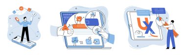 Uygulama testi metaforu. Vektör çizimi. Uygulama testi, daha pürüzsüz yazılım işletim uygulama testi için algılayıcı arızaları tespit etme, uygulama yazılım testinin engelleme kursu çevikliği