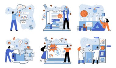 İndirim indirimi. Vektör çizimi. Satış endeksi, iş sağlığı tahminleri gelecekteki satışlar, sihirli ayna iş umutlarını yansıtan internet üzerinden satış, hızlı parmak oyunu