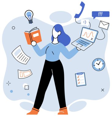 Etrafı iş simgeleriyle çevrili bir dizüstü bilgisayar kullanan, dijital teknolojiyle çalışan, uzaktan kumandalı bir ofis. İşadamı ya da bilgisayarla serbest çalışan, meslektaşlarıyla uzak iletişim kuran, uzaktan etkileşimli