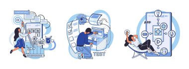 Uygulama testi metaforu. Vektör çizimi. Uygulama testi, uygulama metanetinin gerçekten test edildiği yazılım testi, kod anomalileri Uygulama Testi, kalite güvencesi