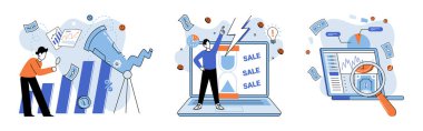İndirim indirimi. Vektör çizimi. Geleceğin satışları, kehanetin iş olasılıklarını ortaya çıkarması İnternet üzerinden Flash satışı, sakin online piyasada şimşek çakması satış endeksi, skorborda