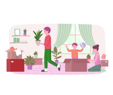 Yeni aile evi. İnsanlar yeni bir daireye taşınıyor. Anne ve baba ve çocuk eşyaları kutuya konulmuş. Genç çift oturma odasında eşyaları yerleştiriyor. Ev taşıma, mutlu aile konsepti