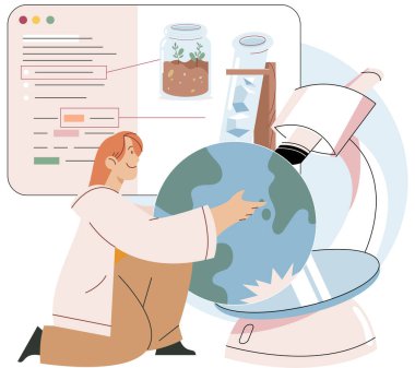 Bilim adamı Dünya gezegenini incelemek için araştırma yapıyor, deneyler yapıyor, bitkilerin özelliklerini, hava kirliliğini ve laboratuvar mikroskobunu kullanarak çevresel sorunları tespit ediyor.