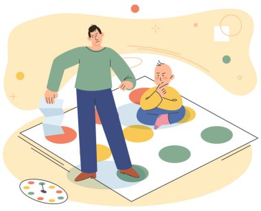 Birlikte oynayın. Aile eğlencesi. Arkadaşlık zamanı. Vektör çizimi. Masa oyunları teknolojiden uzaklaşmayı ve yüz yüze etkileşimi teşvik etmeyi sunar. Arkadaşlarla oynamak bağı güçlendirir ve oluşturur.