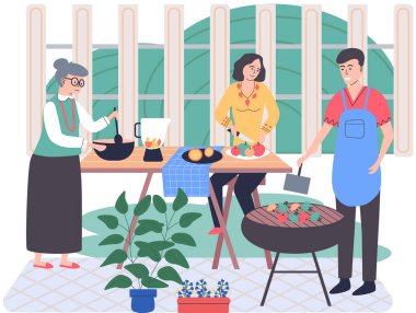 İnsanlar vejetaryen yemeği pişiriyor. Vektör çizimi. Çocuklu bir adam ve kadın akşam yemeği için yemek hazırlıyorlar. İnsanlar yemek yapıyor. Karı koca birlikte hazırlanıyorlar. Erkek ve kadın mutfakta.