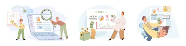 Mensen Analyseren Budget Bereken Financieel Plan Van Het Opslaan Van — Stockvector