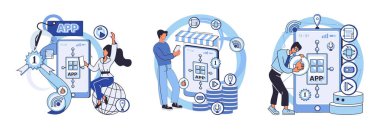 Uygulama testi metaforu. Vektör çizimi. Yazılım testi, kodlar canlı uygulama testine girmeden önceki son sınır, yazılımsal sağlık uygulaması testi, prova aşaması
