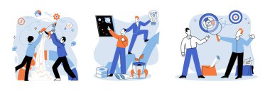 Başarılı bir proje başlatıldı. Vektör çizimi. Geliştirme projesi fikri, proje başlatma yönetimini başlatmayı bekleyen yeni bir düşünce, birden fazla hareketli bölümün titiz koreografisi bir proje