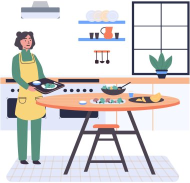 İnsanlar vejetaryen yemeği pişiriyor. Vektör çizimi. Mutfakta ev yapımı yemekler pişiren tatlı bir kız. Beslenme yemekleri pişirmek. Salata malzemelerini tarifine göre kesen kadın. Salata hazırlayan kadın