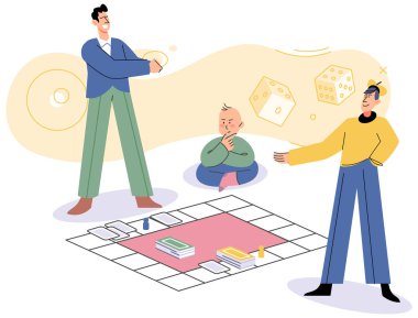 Birlikte oynayın. Aile eğlencesi. Arkadaşlık zamanı. Vektör çizimi. Aile oyun geceleri kahkahalarla, arkadaşça şakalarla ve sonsuz eğlence Masa oyunları ekranlardan kopma fırsatı sunar