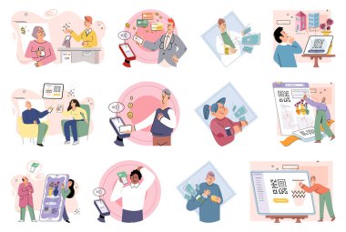 Nakitsiz ödeme. Vektör çizimi. Güvenli işlemler için kablosuz ödeme sistemleri yetkisiz erişimi önlemek için temassız ödeme kartları gömülü NFC çipi ile donatılmıştır