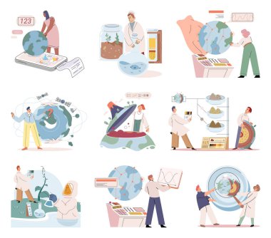 Bilimadamı gezegeni incelemek için araştırmalar yapar, seviye, durum ve çevre problemlerini belirlemek için deneyler yapar. Bitki ve suyun incelenmesi, biyolojik tür vektörlerinin incelenmesi