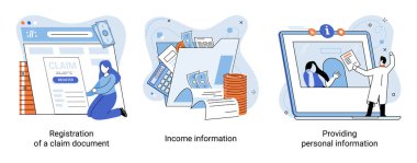 Registration of claim form register document, providing personal information, income information vector set. Employer form, earnings statement documents. Tax, financial and accounting reporting