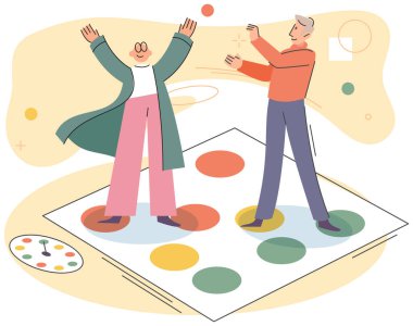 Birlikte oynayın. Aile eğlencesi. Arkadaşlık zamanı. Vektör çizimi. Oyun oynamaya adanmış aile zamanı iyi harcanmış masa oyunları, genç ve yaşlı nesilleri birbirine bağlayan bir köprü görevi görüyor