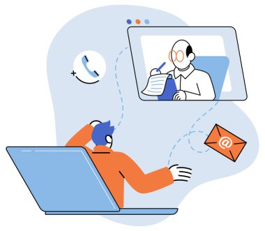 İşletme ekibiyle konferans görüşmesi yapan, evden işe gidip gelen, uzaktan çalışan ve iş iletişimi kuran bir adam. Takım çalışması, belirli bir sorunu çözen bir grup insan. Genel düşüncenin uygulanması