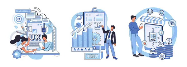 Application Testing Metaphor Vector Illustration App Test Rehearsal Stage Actual — Stock Vector