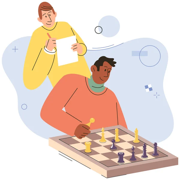 Dois Jogadores Jogam Xadrez Estratégico Juntos Jovem Peope Sentado Mesa — Vetor de Stock