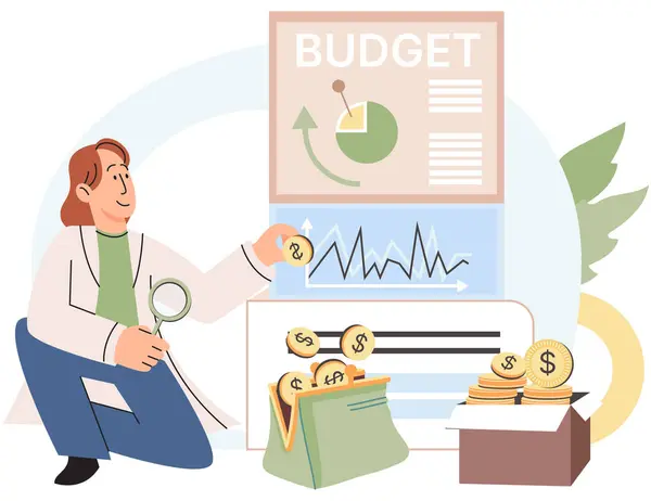 人员分析预算 计算储蓄收入和支出管理的财务计划 预算管理 个人财务控制 成本优化概念集 财务和营销战略 — 图库矢量图片