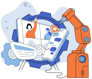 Laptop ekranındaki insanlar çevrimiçi konferansa katılıyorlar. Sanal iş toplantısı ve uzaktan eğitim ağı ya da video konferansı. Bilgisayar ve web iletişimi ile görüntülü sohbet yazılımı