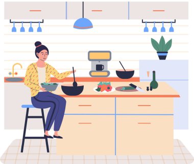 İnsanlar vejetaryen yemeği pişiriyor. Vektör çizimi. Mutfakta ev yapımı yemekler pişiren tatlı bir kız. Beslenme yemekleri pişirmek. Salata malzemelerini tarifine göre kesen kadın. Salata hazırlayan kadın