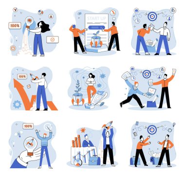 Başarılı bir proje başlatıldı. Vektör çizimi. Proje başlatma yönetimi, Kaptan projenin başarıya ulaşması için dümen dümeni bir proje başlatılması, başarı için düdük çalma