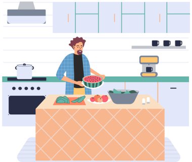 İnsanlar vejetaryen yemeği pişiriyor. Vektör çizimi. Taze sebzeler, organik yiyecekler, doğal ürünler. Gülümseyen adam küçük, rahat bir mutfakta ev yapımı yemekler pişiriyor. Babam büyük ocakta yemek hazırlıyor.